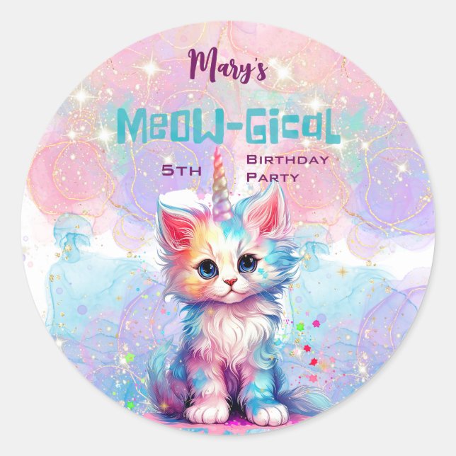 Pegatina Redonda Acuarela Caticorn Meow-Gical Cumpleaños (Anverso)