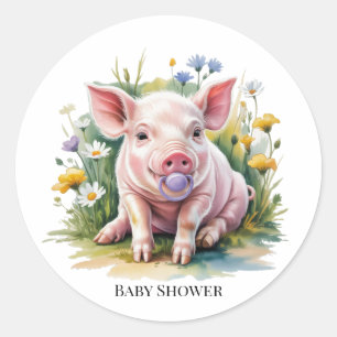 Pegatina Redonda Acuarela Cerdito Flores Silvestres Baby Shower