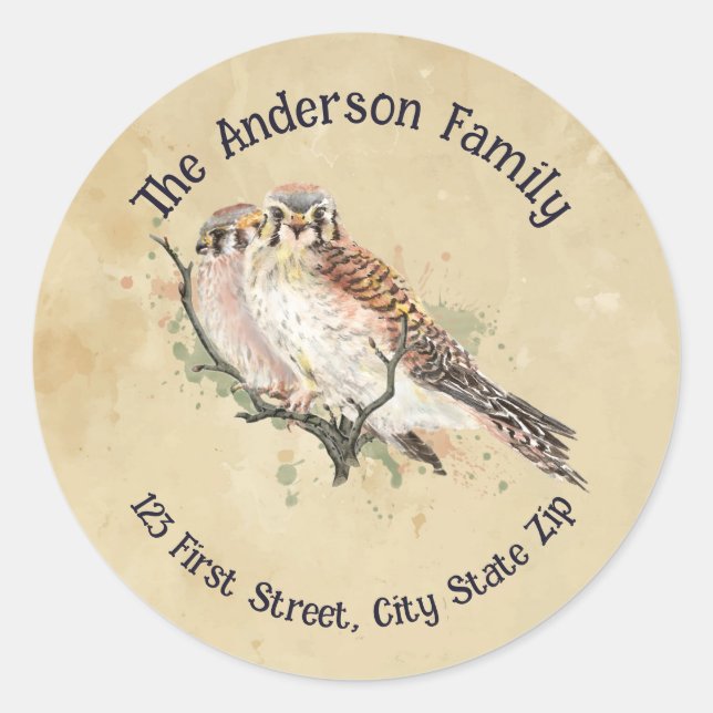 Pegatina Redonda Acuarela Cernícalo Cernero Cernícalo Cernícalo Cer (Anverso)