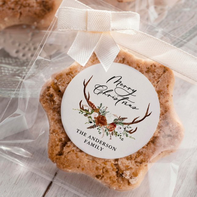 Pegatina Redonda acuarela ciervo floral feliz navidad (Subido por el creador)