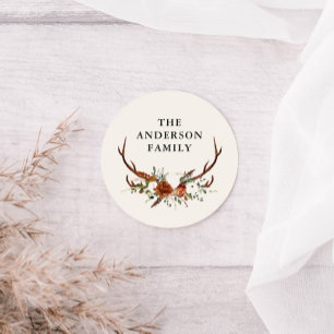 Pegatina Redonda acuarela ciervo floral terracota moderno elegante