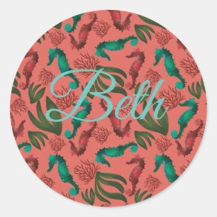 Pegatina Redonda Acuarela Coral Nautical Personalizada