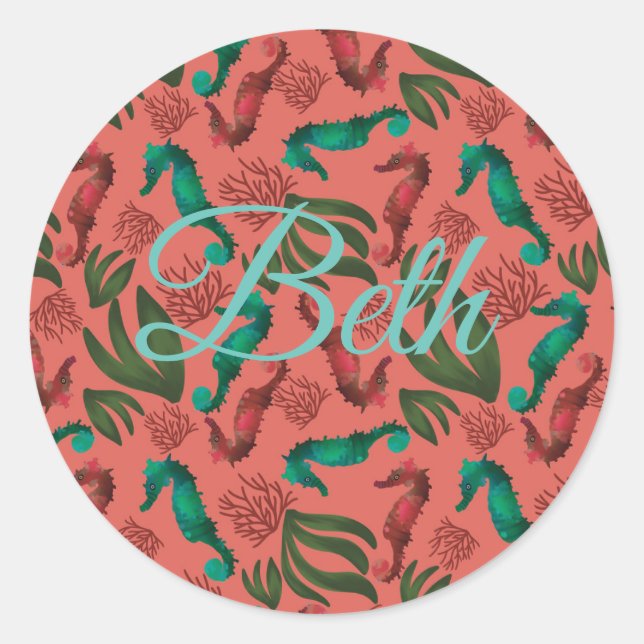 Pegatina Redonda Acuarela Coral Nautical Personalizada (Anverso)