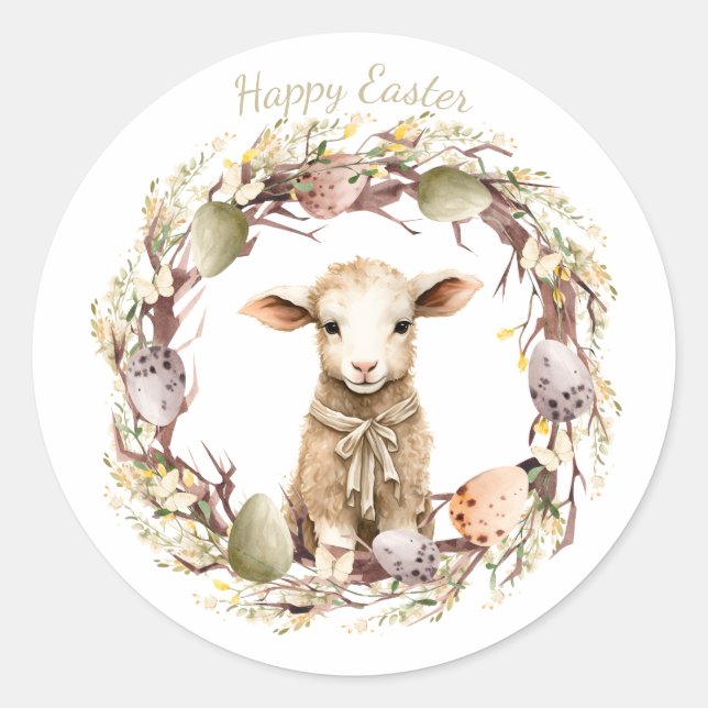 Pegatina Redonda Acuarela Cordero de Pascua Personalizada (Anverso)