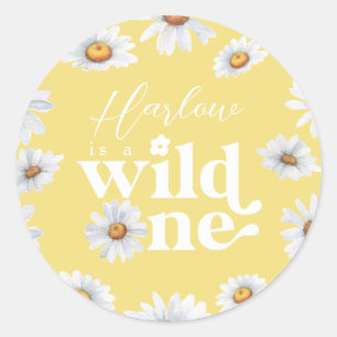 Pegatina Redonda Acuarela Daisy Wild One Chica primer cumpleaños