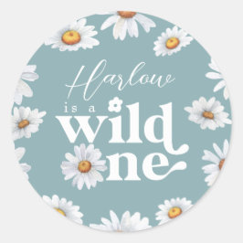 Pegatina Redonda Acuarela Daisy Wild One Chica Primer Cumpleaños Cl
