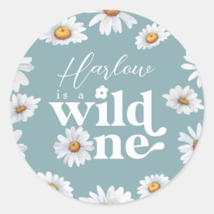 Pegatina Redonda Acuarela Daisy Wild One Chica Primer Cumpleaños Cl