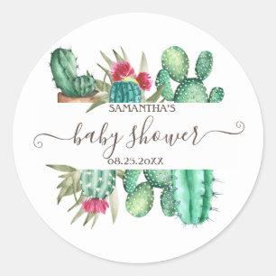 Pegatina Redonda Acuarela de Cactus para Baby Shower