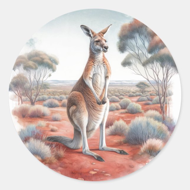 Pegatina Redonda Acuarela de canguro australiano (Anverso)