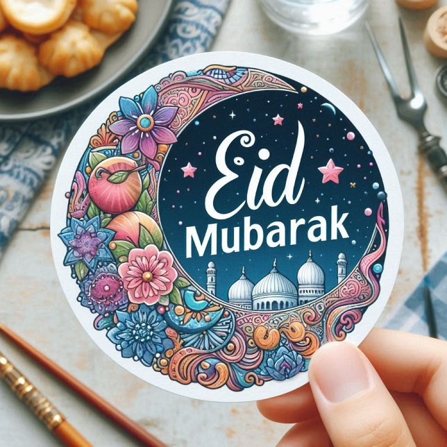 Pegatina Redonda Acuarela de Eid Mubarak (Eid Mubarak Sticker)