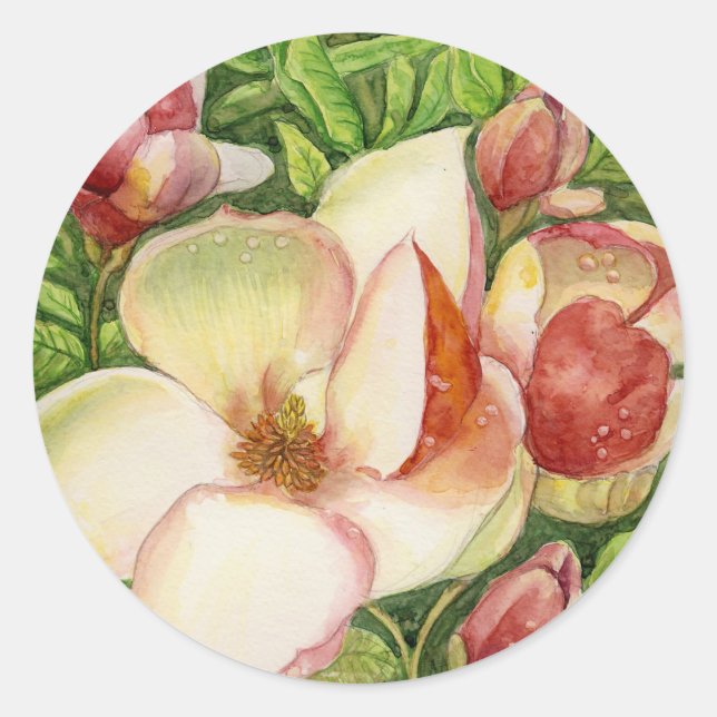 Pegatina Redonda Acuarela de Magnolia (Anverso)