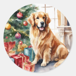 Pegatina Redonda acuarela de Navidades de Golden Retriever