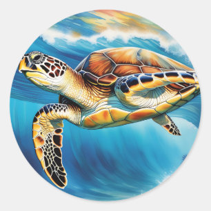 Pegatina Redonda Acuarela de ola de tortuga marina dinámica