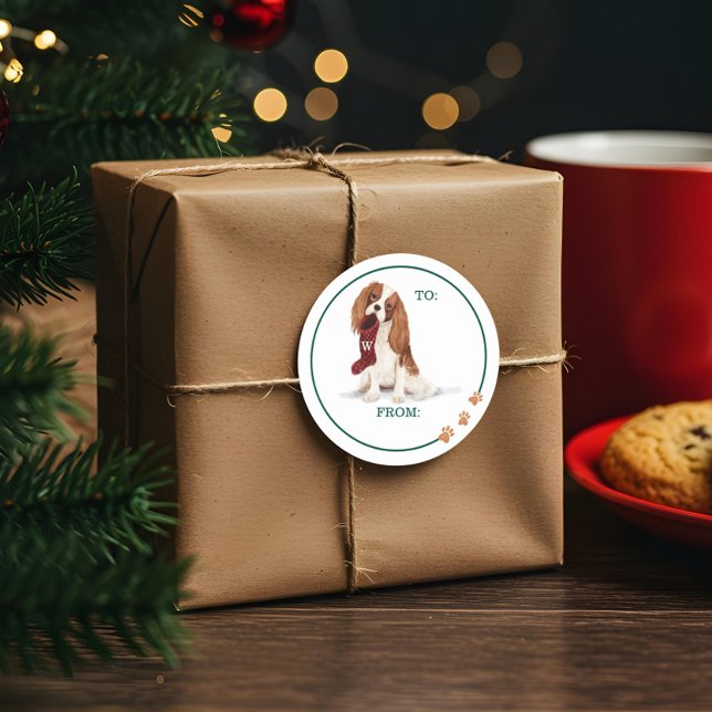 Pegatina Redonda Acuarela de perro traviesa Cavalier Spaniel Stocki (Naughty Dog Watercolor Cavalier Spaniel Stocking Classic Round Sticker)