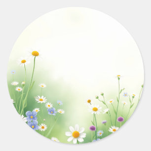Pegatina Redonda Acuarela de primavera pradera con flores silvestre
