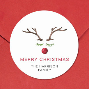 Pegatina Redonda Acuarela de reno Feliz Navidad