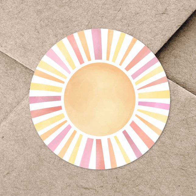Pegatina Redonda Acuarela de Sol Luz Rosa (Sunshine Watercolor Pink Sun Classic Round Sticker)