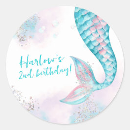 Pegatina Redonda Acuarela dos fiestas de cumpleaños de sirena marin
