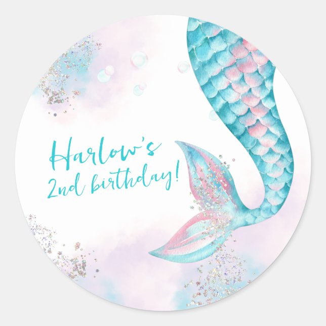 Pegatina Redonda Acuarela dos fiestas de cumpleaños de sirena marin (Anverso)