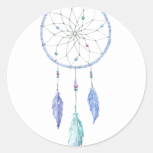 Pegatina Redonda Acuarela Dreamcatcher con 3 plumas