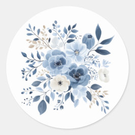 Pegatina Redonda Acuarela Dusty Blue Floral Boho Bridal Shower