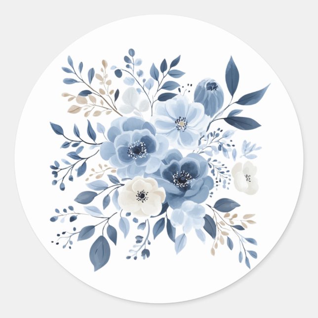 Pegatina Redonda Acuarela Dusty Blue Floral Boho Bridal Shower (Anverso)