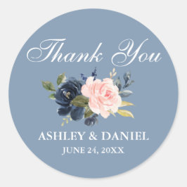 Pegatina Redonda Acuarela Dusty Blue Pink Floral Gracias