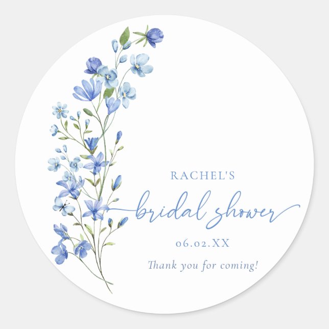 Pegatina Redonda Acuarela Dusty Blue Wildflower Bridal Shower (Anverso)