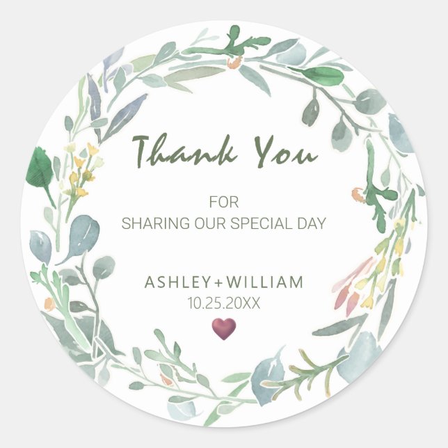 Pegatina Redonda Acuarela Eucalyptus Wreath Boda Gracias (Anverso)