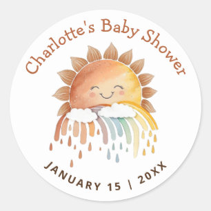 Pegatina Redonda Acuarela Feliz Baby Shower Amarillo Sunshine