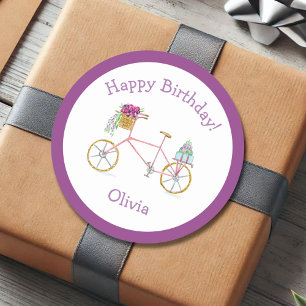 Pegatina Redonda Acuarela Feliz Cumpleaños Bicicleta