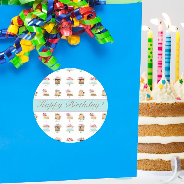 Pegatina Redonda Acuarela Feliz cumpleaños Floral Cumpleaños Pastel (Sprinkle joy: Watercolor birthday cake stickers add sweetness to any celebration!)