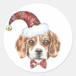 Pegatina Redonda Acuarela festiva Beagle Santa Happy Howlidays