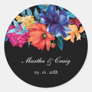 Pegatina Redonda Acuarela Fiesta Mexicana Boda Flor Negro