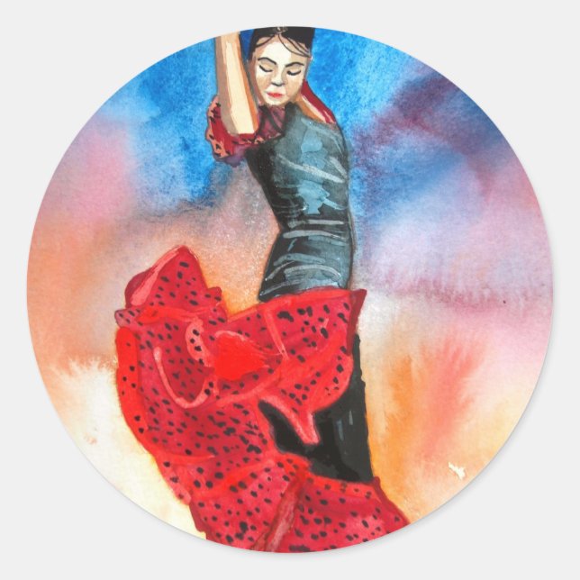 Pegatina Redonda acuarela FLAMENCO DANCER (Anverso)