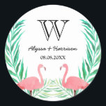 Pegatina Redonda Acuarela Flamingos Palm Lees Boda Monograma<br><div class="desc">Pegatina boda redonda,  perfecto como sellos para sobres,  con flamencos acuáticos y hojas de palma. Personalice su fecha inicial,  sus nombres y la fecha de boda que pronto compartirá.</div>