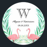 Pegatina Redonda Acuarela Flamingos Palm Lees Boda Monograma<br><div class="desc">Pegatina boda redonda,  perfecto como sellos para sobres,  con flamencos acuáticos y hojas de palma. Personalice su fecha inicial,  sus nombres y la fecha de boda que pronto compartirá.</div>