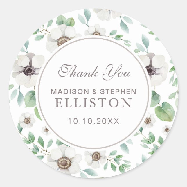 Pegatina Redonda Acuarela floral | Anemona blanca | Gracias (Anverso)
