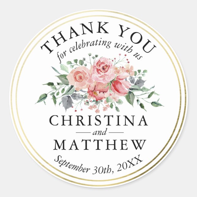 Pegatina Redonda Acuarela Floral Dorada Rosa Boda Gracias (Anverso)