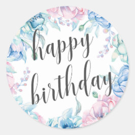 Pegatina Redonda Acuarela Floral Elegante granja Feliz Cumpleaños