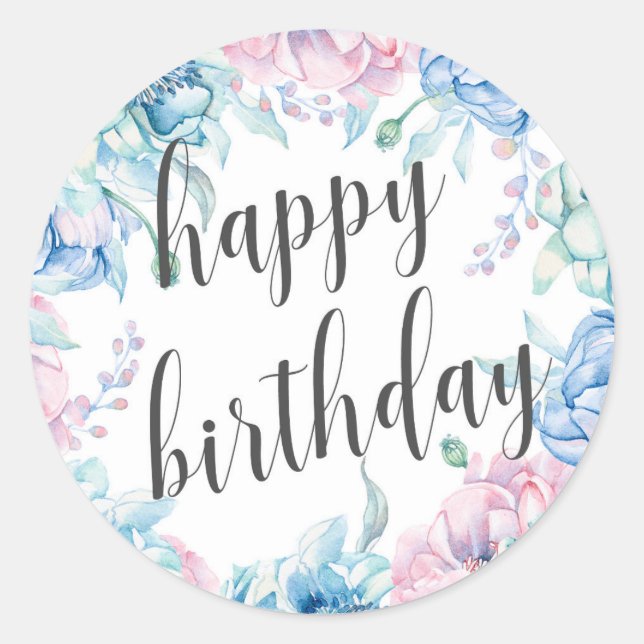 Pegatina Redonda Acuarela Floral Elegante granja Feliz Cumpleaños (Anverso)