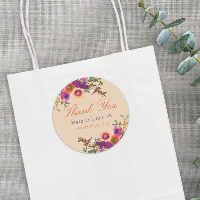 Pegatina Redonda Acuarela Floral Fall Cumpleaños Gracias (Watercolor Floral Fall Birthday Thank You Classic Round Sticker)