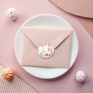 Pegatina Redonda Acuarela Floral Giraffe Ribbon Chica Cumpleaños