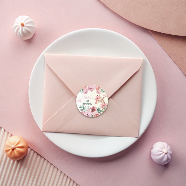 Pegatina Redonda Acuarela Floral Giraffe Ribbon Chica Cumpleaños (Subido por el creador)