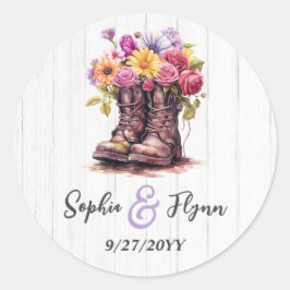 Pegatina Redonda Acuarela Floral Granja Boots y Boda de Madera Barn