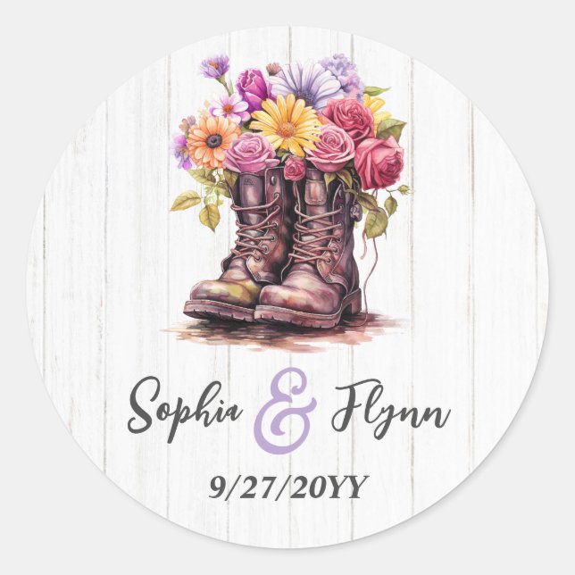 Pegatina Redonda Acuarela Floral Granja Boots y Boda de Madera Barn (Anverso)