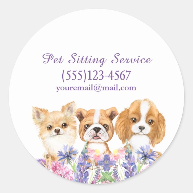 Pegatina Redonda Acuarela Floral Perro Mascota Sitting Grooming Ser (Anverso)