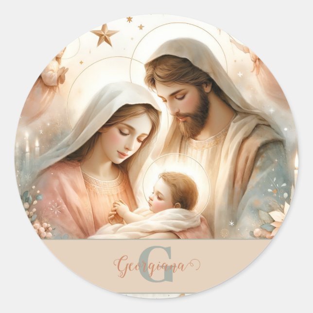 Pegatina Redonda Acuarela Floral Personalizada Bebé Jesús Natividad (Anverso)