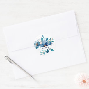 Pegatina Redonda Acuarela floral personalizada de color azul brilla