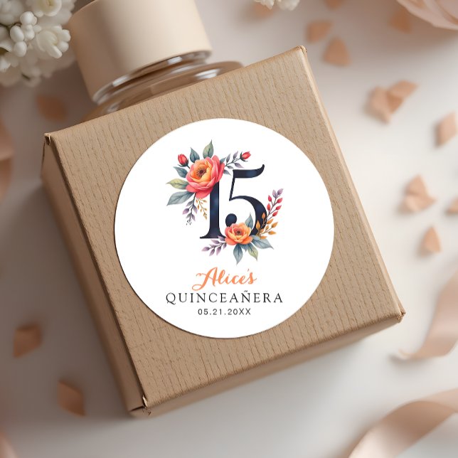 Pegatina Redonda Acuarela Floral Quinceanera 15º cumpleaños (Subido por el creador)